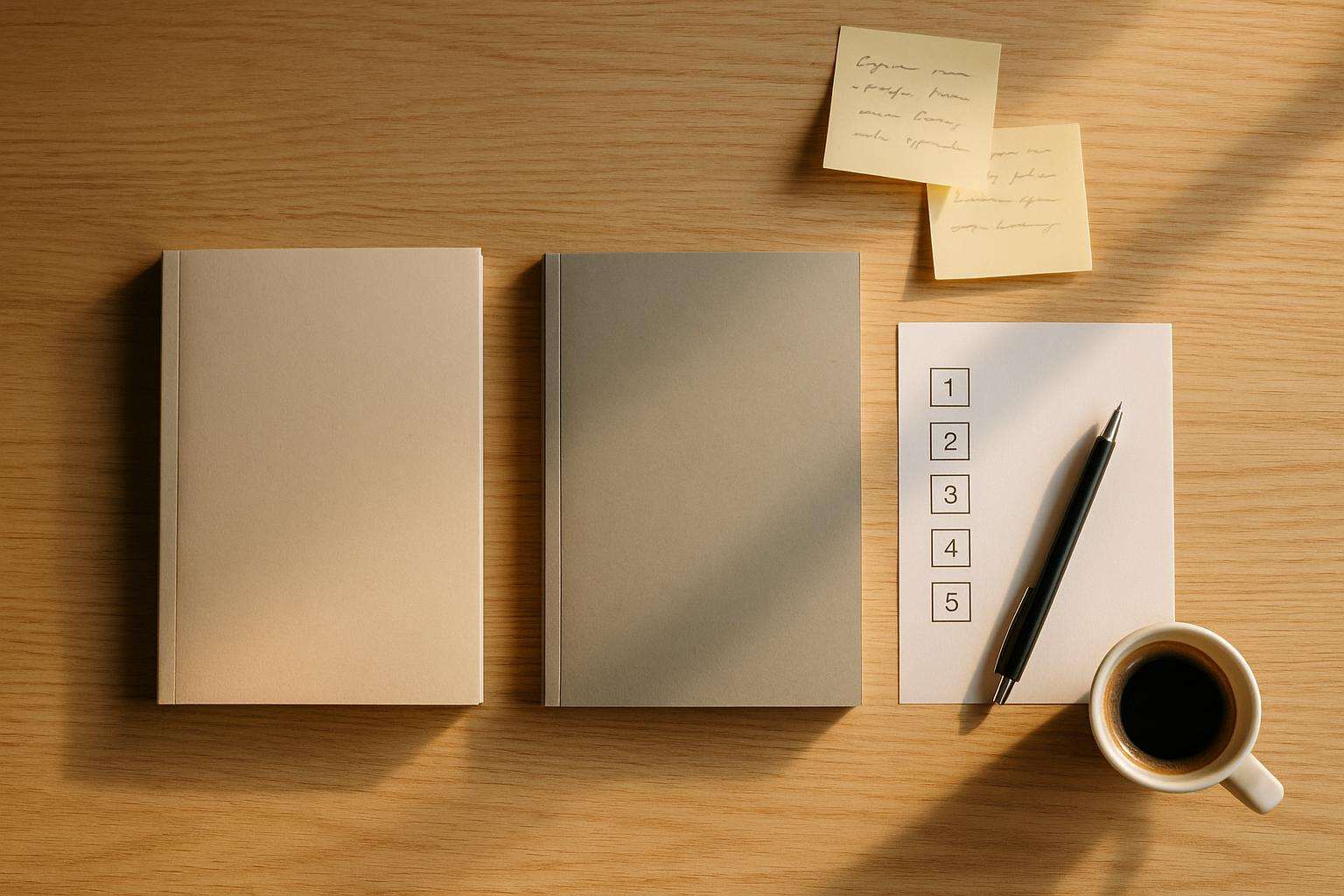 Two printed book cover mockups placed side by side on a light oak desk next to a pen, sticky notes with handwritten ratings, and a simple numbered ballot form in warm editorial light