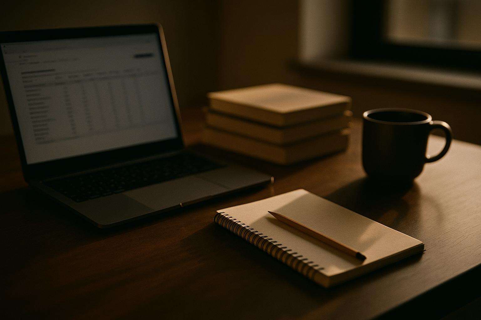 A writing desk with an open laptop showing a data spreadsheet, a stack of books, and a coffee cup in warm natural side light