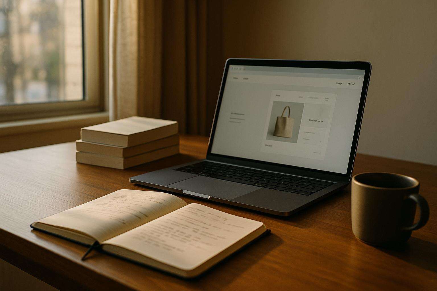 A tidy author workspace showing a laptop with a minimal digital storefront, a stack of paperbacks, and an open notebook, lit by warm afternoon window light