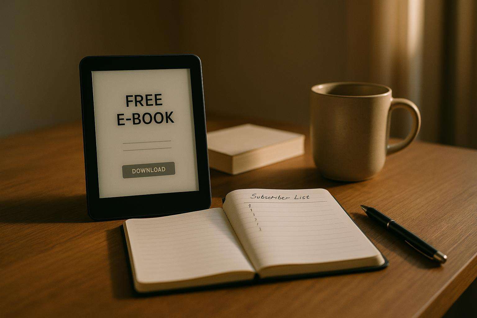 An ereader on a writer's desk showing a free novella download landing page, beside a handwritten subscriber notebook and a warm cup of tea, in soft side light