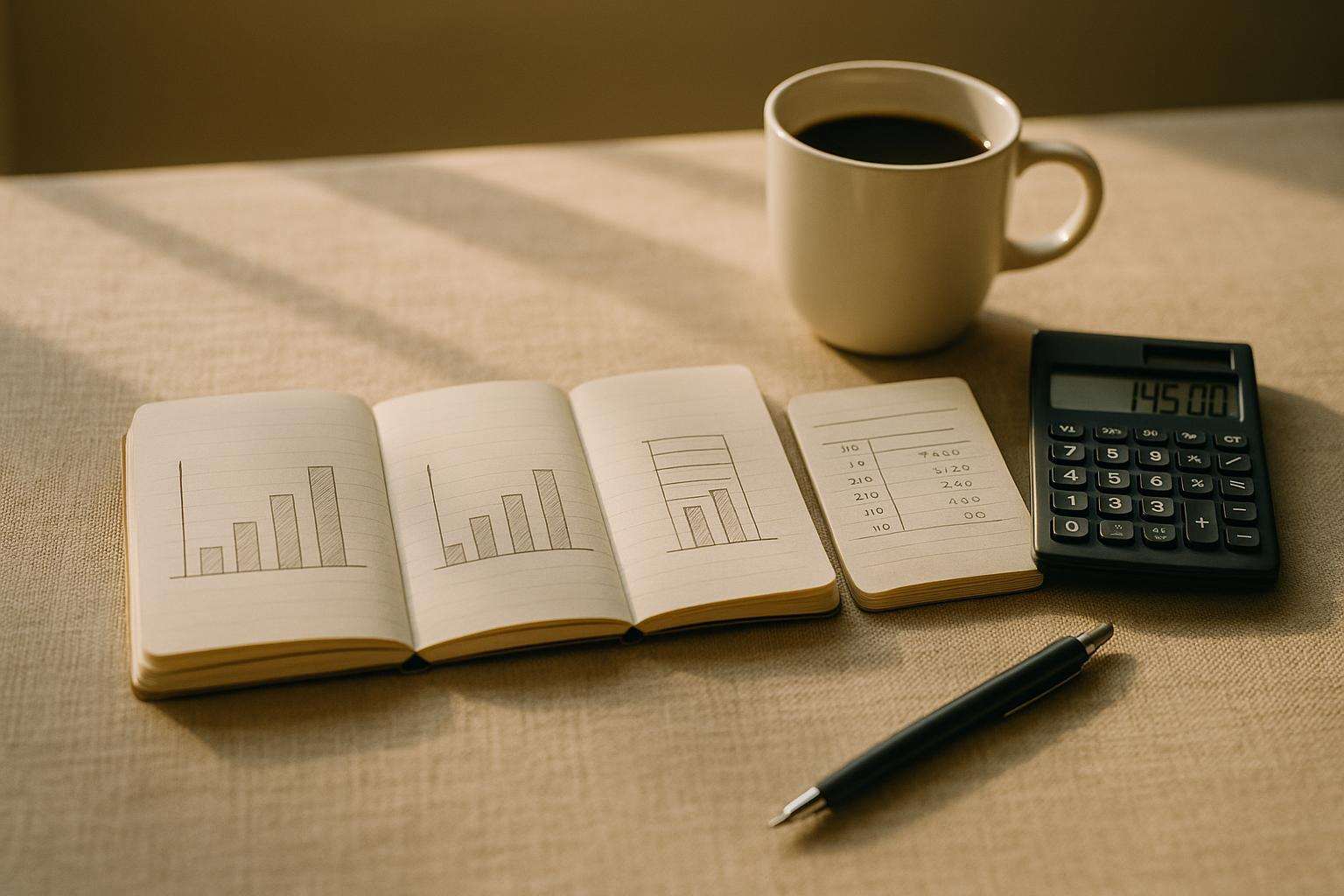 A writer's desk with three notebooks labeled with ad channel names, a calculator, and a cup of coffee in warm editorial light