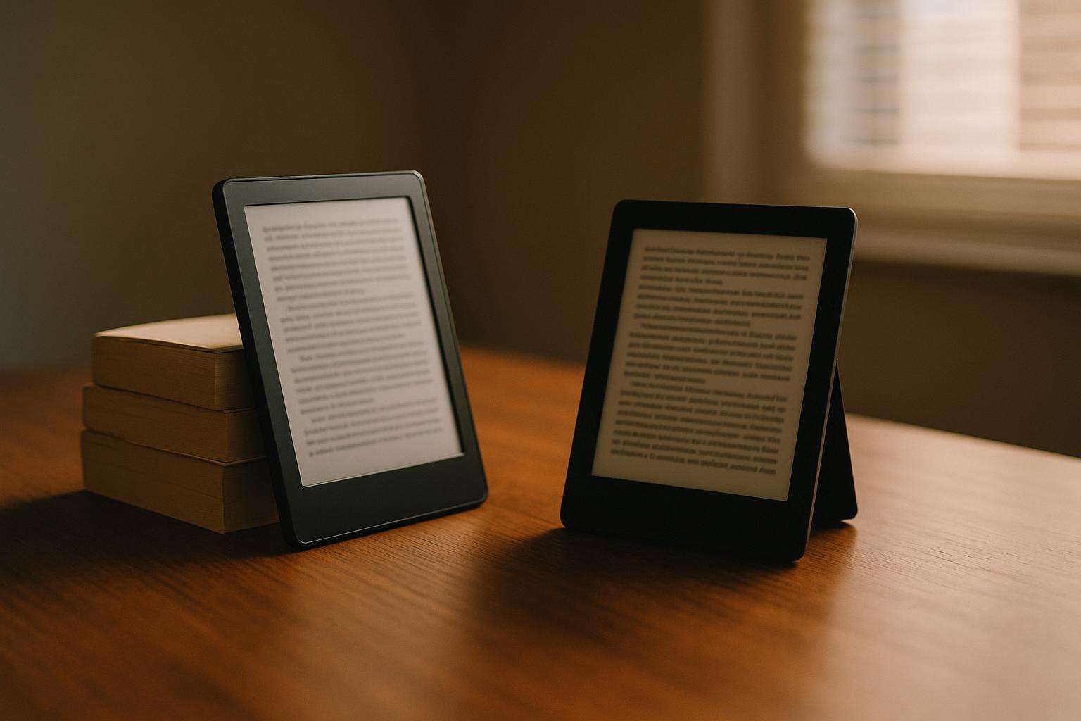 Two open e-readers side by side on a wooden desk in warm editorial light, one showing a Kindle interface and the other showing a multi-platform bookshelf display, no readable text or logos
