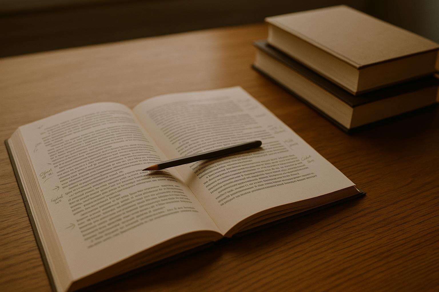 An open manuscript on a wooden desk with handwritten revision notes in the margins and a pencil resting across the page, in warm editorial morning light
